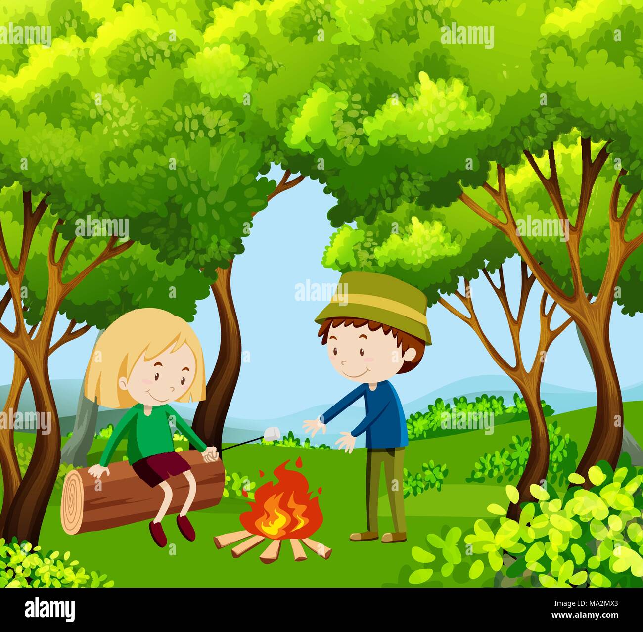 Children camping out in the woods illustration Stock Vector Image & Art ...