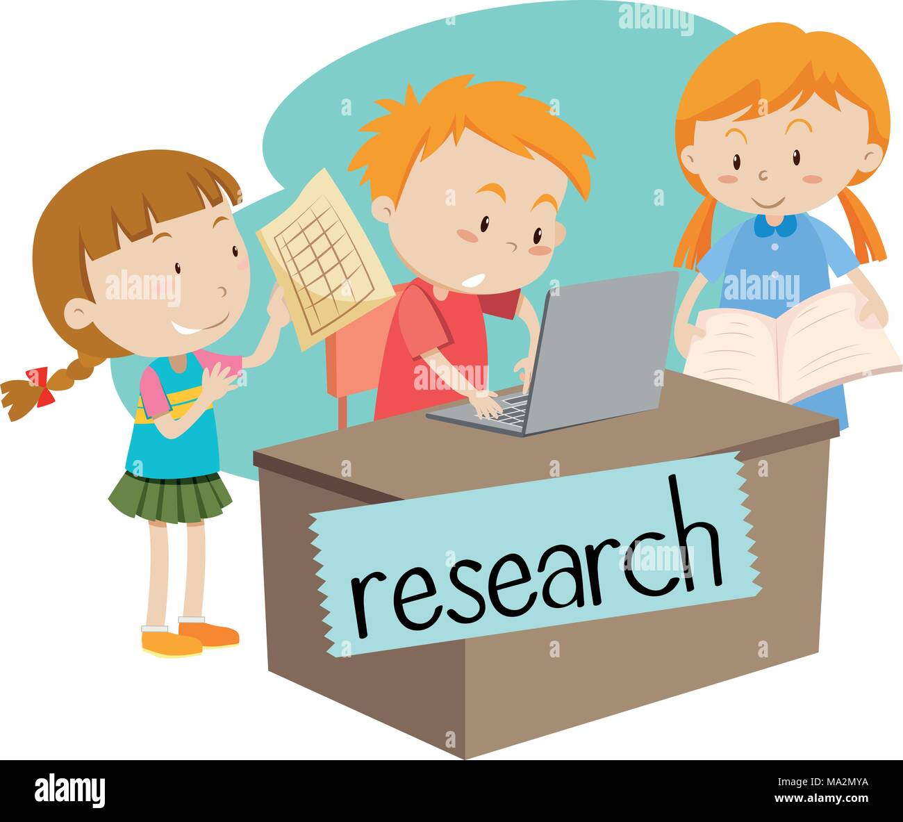 Wordcard for research with kids working on computer illustration Stock Vector