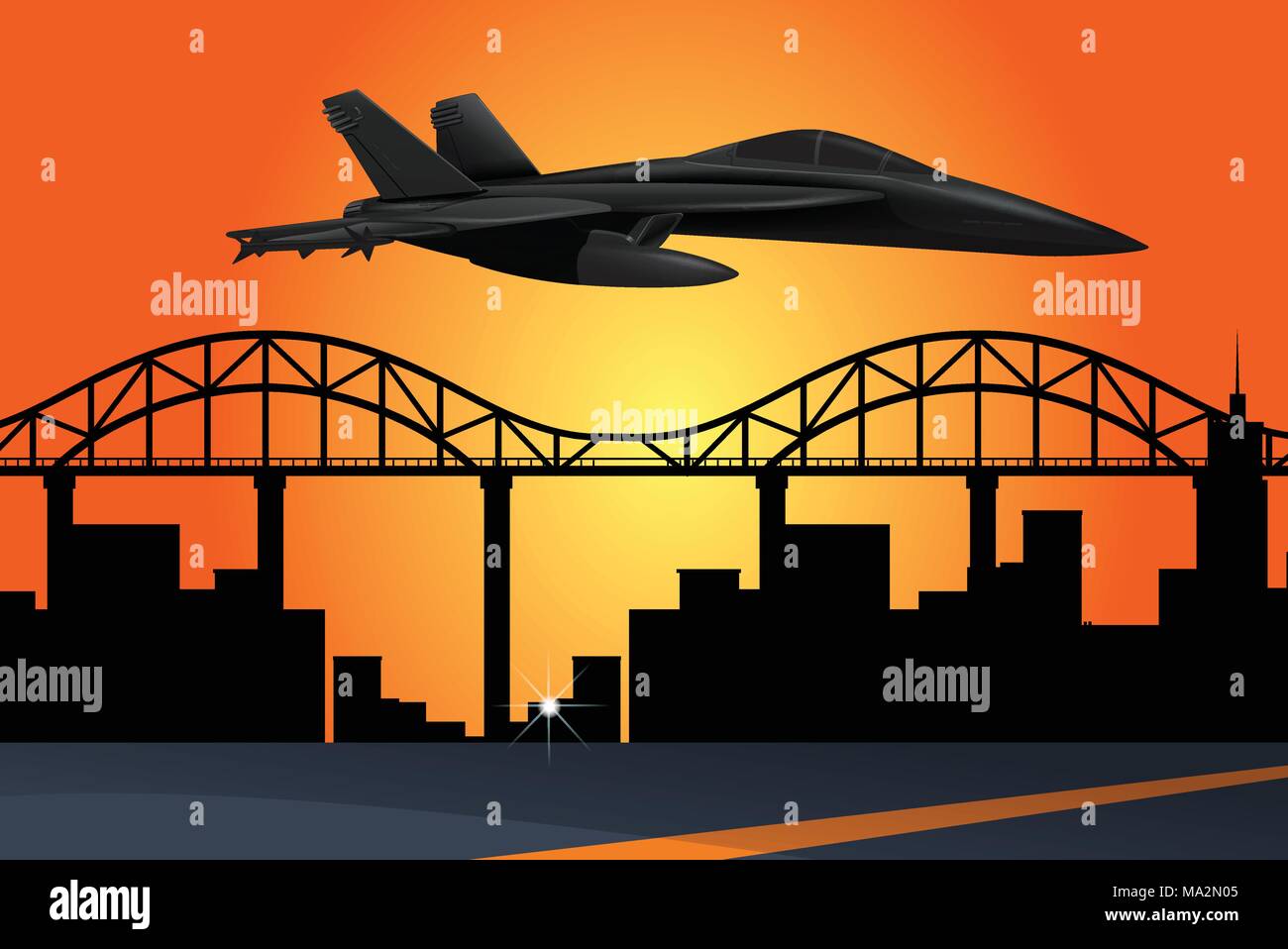Jet plane flying over the city at sunset illustration Stock Vector ...