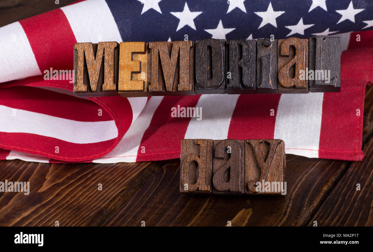 Memorial day wooden text with american flag in background Stock Photo ...
