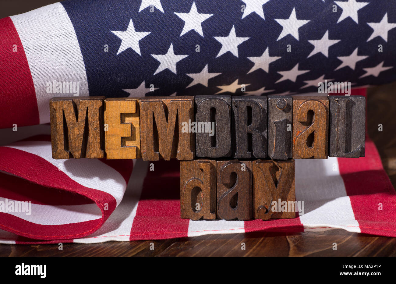 Memorial day wooden text with american flag in background Stock Photo ...