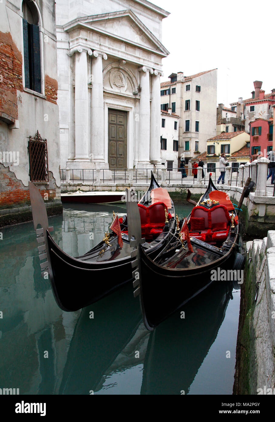 Two gondolas in Venice, panoramic view of historic palace Stock Photo ...