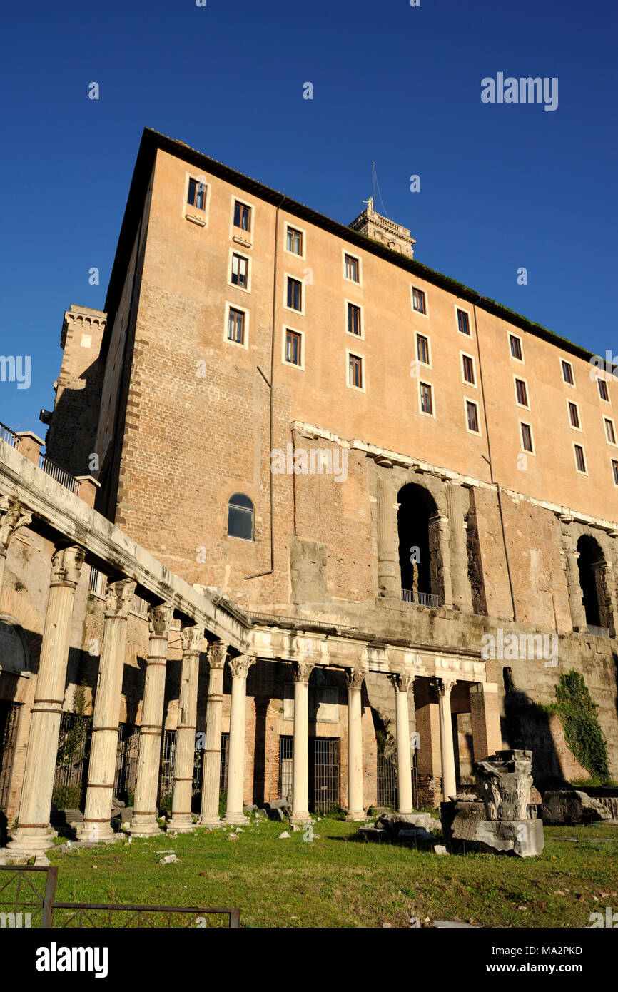 Italy, Rome, Roman Forum, Portico degli Dei Consenti (Portico of the Harmonious Gods) and Tabularium on the Capitoline Hill Stock Photo