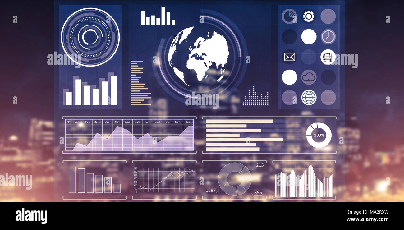 Background conceptual image with virtual interface against night glowing city Stock Photo