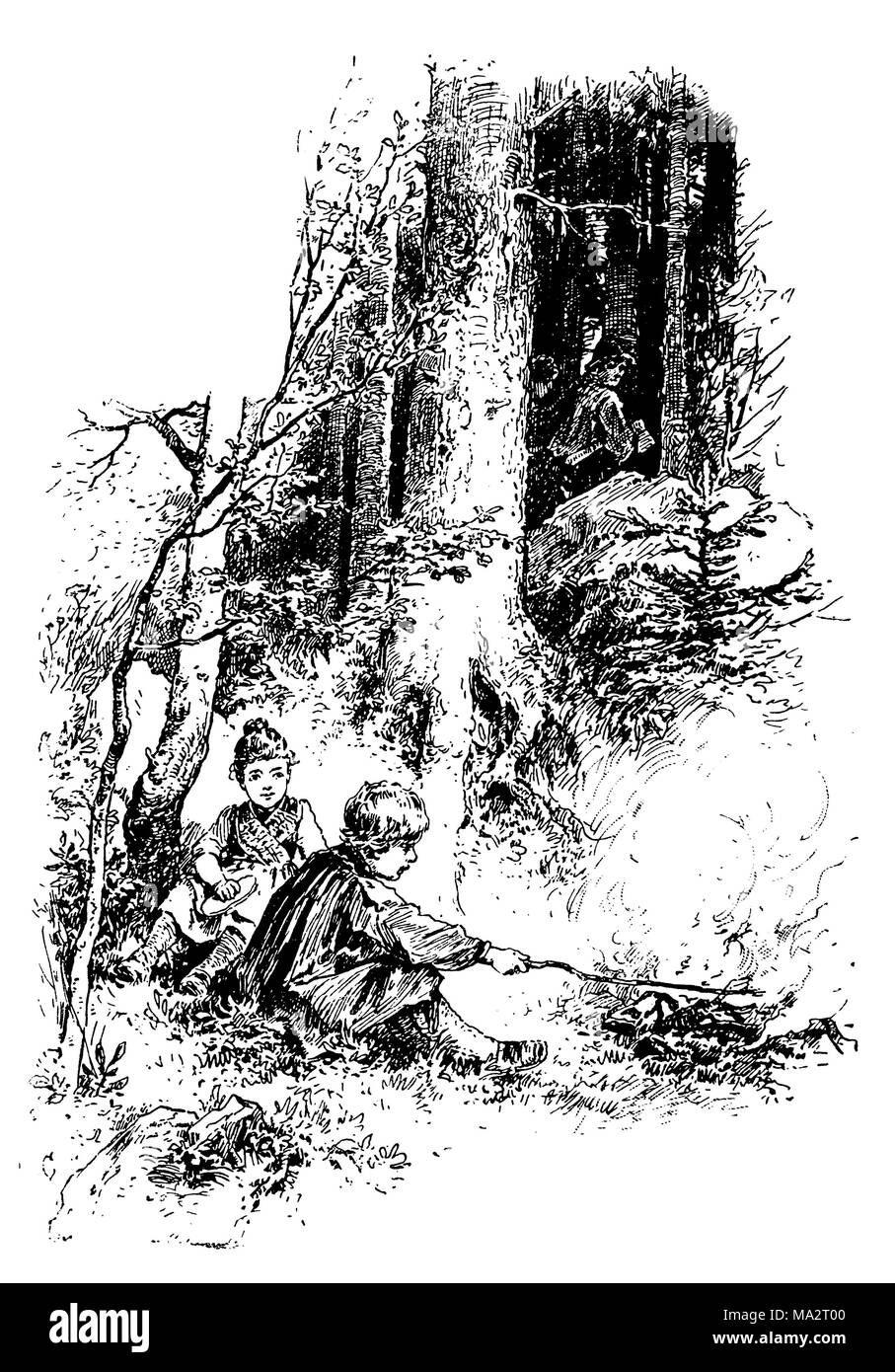 Hansel and Gretel alone in the woods Stock Photo