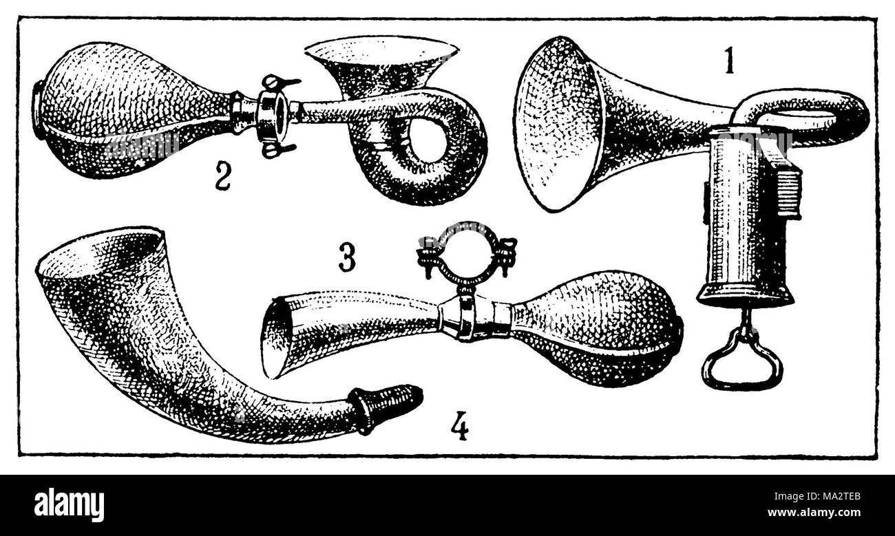 Horns: 1. tram; 2. automobile; 3. bike, 4. by hand Stock Photo