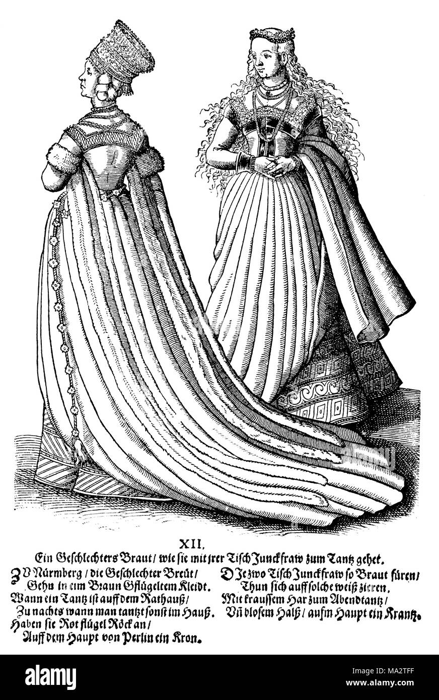 Dress of a Nuremberg bride, from Jost Aniann's folk book. 16th Century Stock Photo