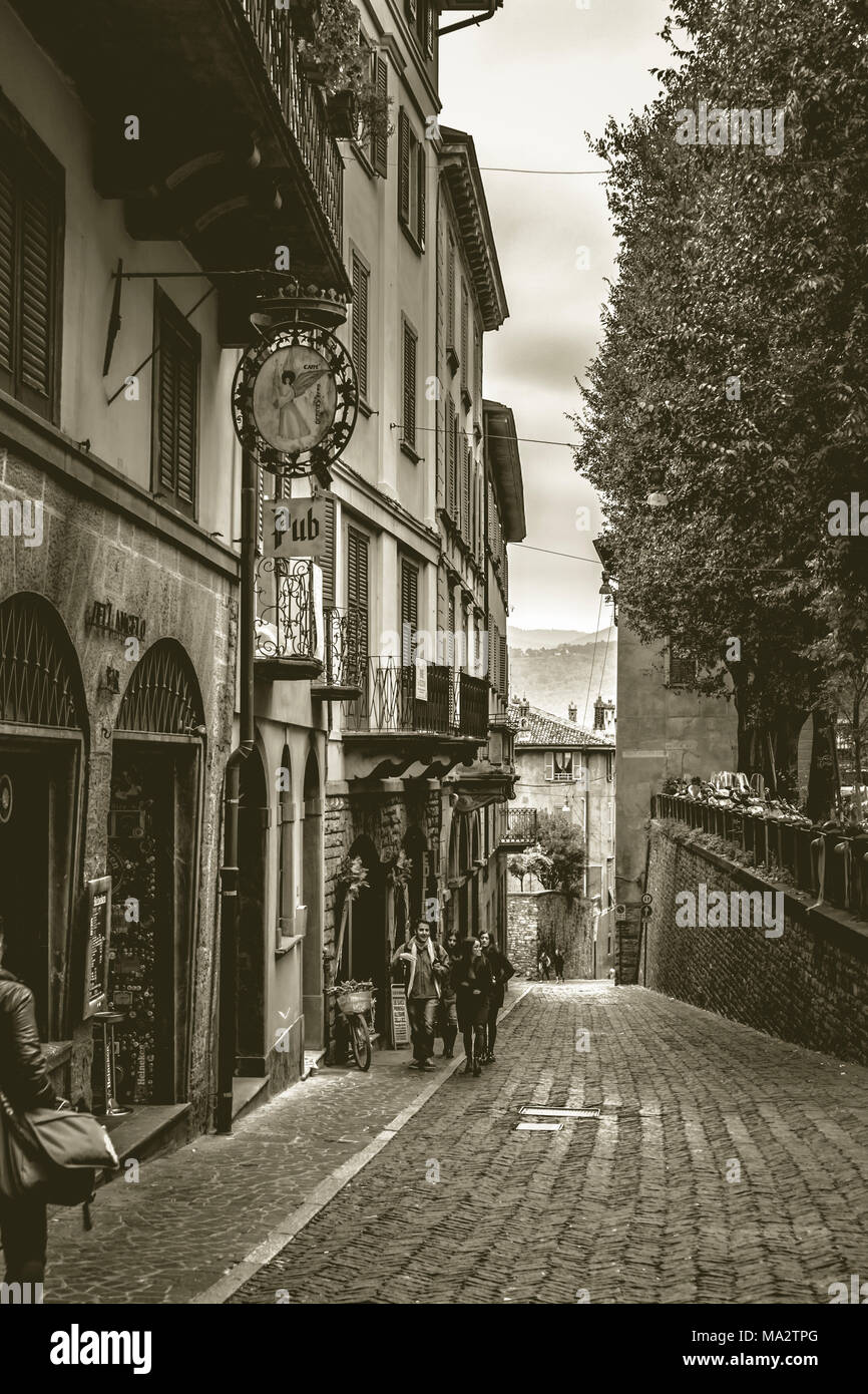 The old streets of Bergamo Alta - via San Lorenzo - Italy Stock Photo