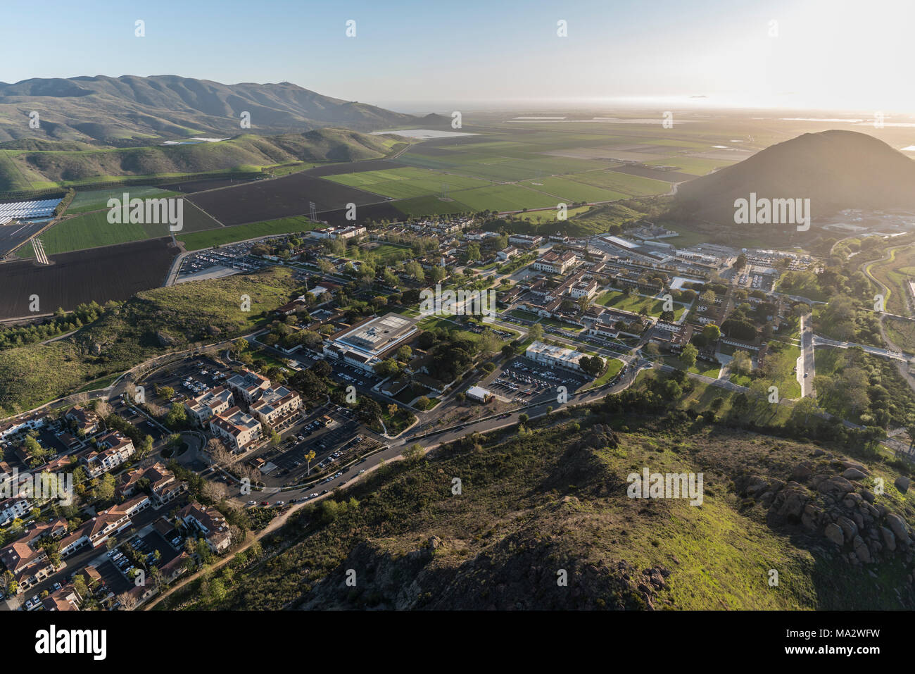 Aerial view of farm fields and California State University Channel