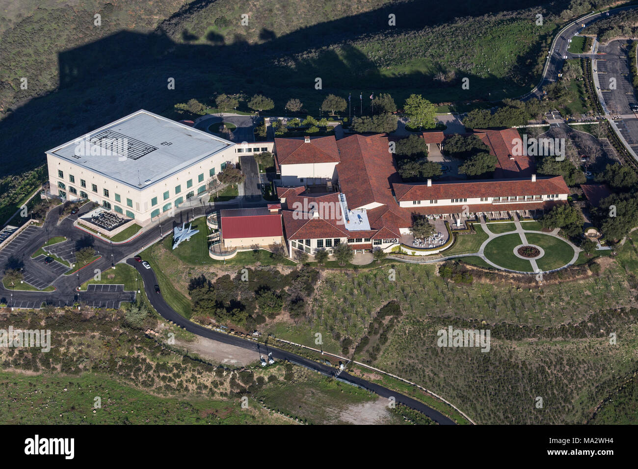 Simi Valley, California, USA - March 26, 2018:  Aerial view of Ronald Reagan Presidential Library and Center for Public Affairs. Stock Photo