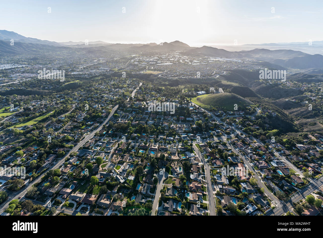 Aerial view of suburban Thousand Oaks and Newbury Park neighborhoods near Los Angeles, California. Stock Photo