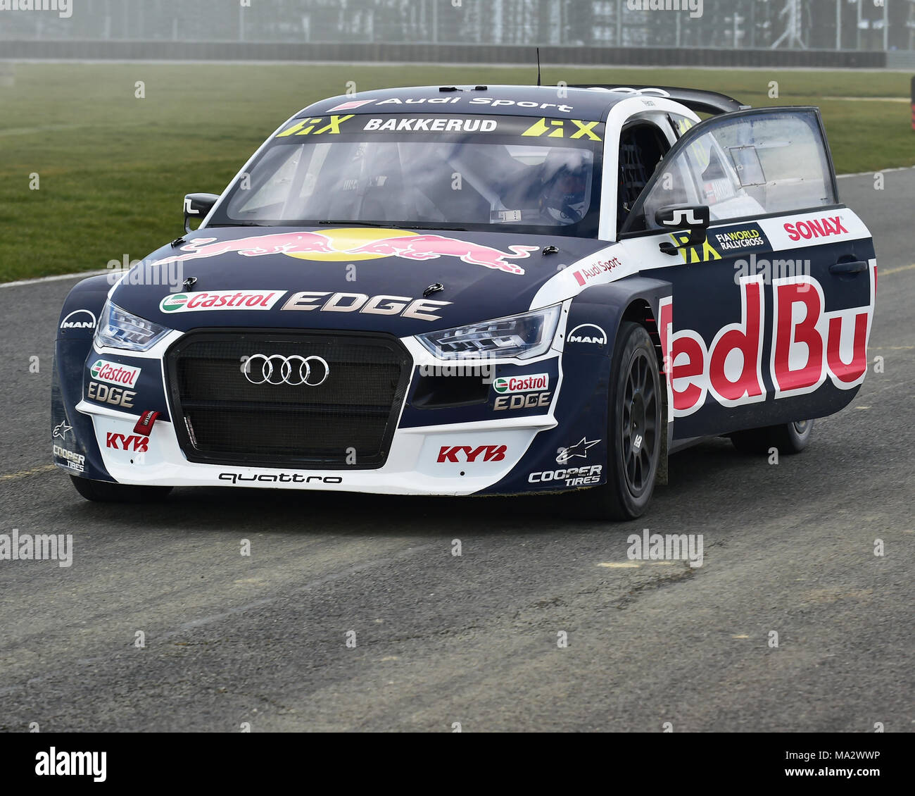 Silverstone, Northamptonshire, England, 26th March 2018, Mattias Ekstrom, Andreas Bakkerud, Audi S1 EKS RX, lets some of the dust out at the FIA World Stock Photo