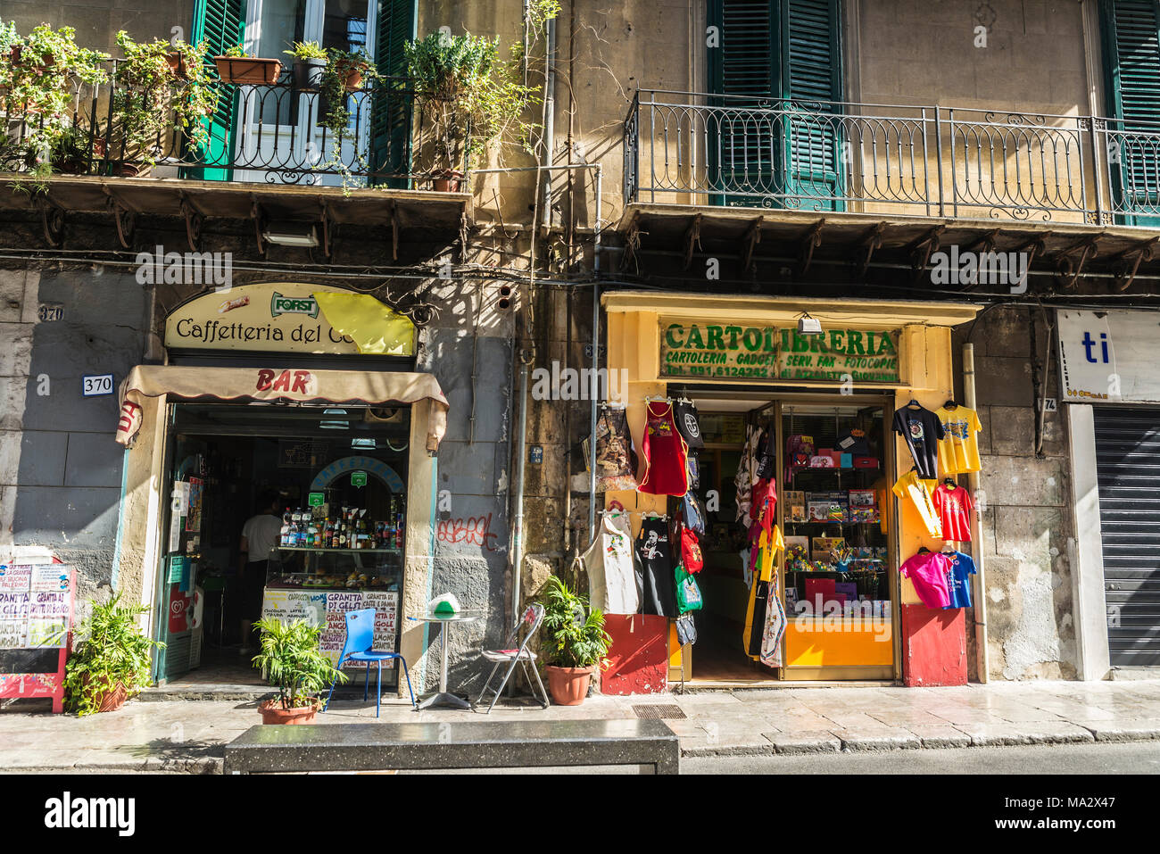Palermo, Italy - August 10, 2017: Souvenir shop and snack bar in the old town of Palermo in Sicily, Italy Stock Photo