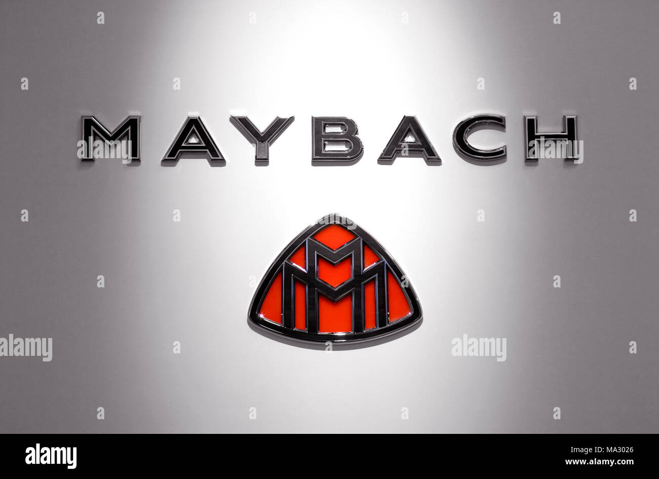 Maybach automobiles badge logo and branding. Maybach is a sub-brand of Mercedes and is focussed on luxury cars. Stock Photo