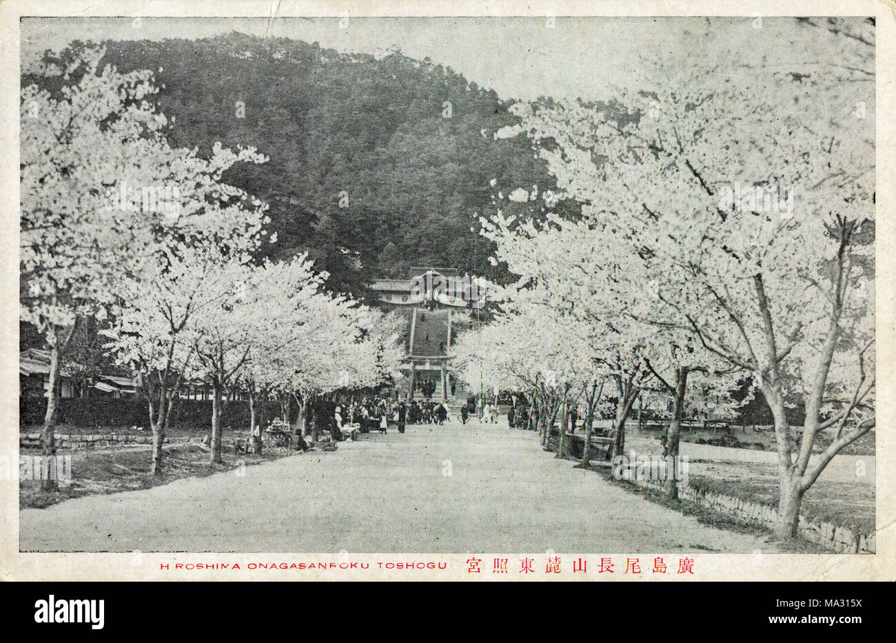 Japan - Circa 1912: Vintage postcard printed in Japan shows one of the most significant and popular Shinto shrines in Hiroshima, circa 1912 Stock Photo