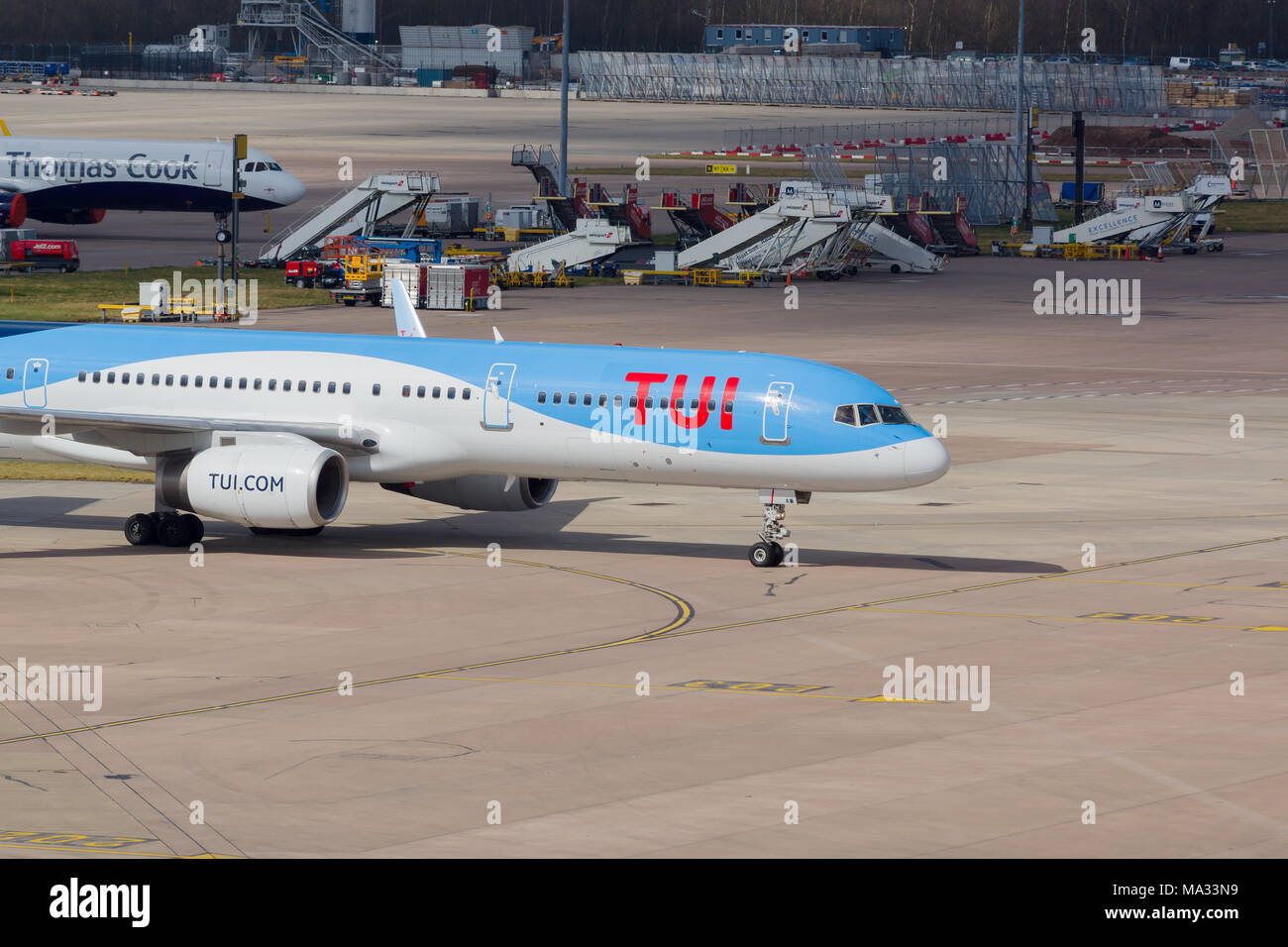 Boeing 757 200 airliner in the colours of TUI Group at Manchester airport Stock Photo