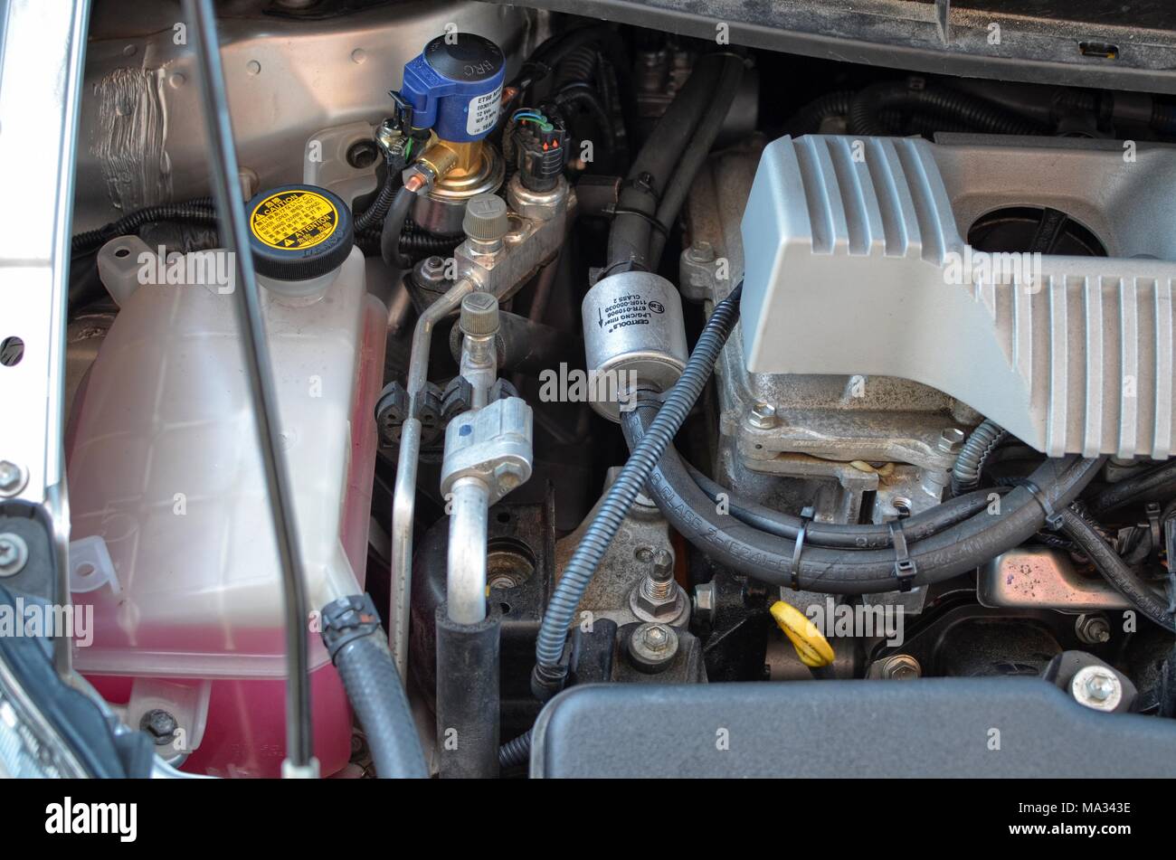 May 20, 2016 Turin, Piedmont, Italy. Transformation to LPG gas of a toyota Prius hybrid electric petrol, gas plant of the Piedmontese BRC gas equipmen Stock Photo