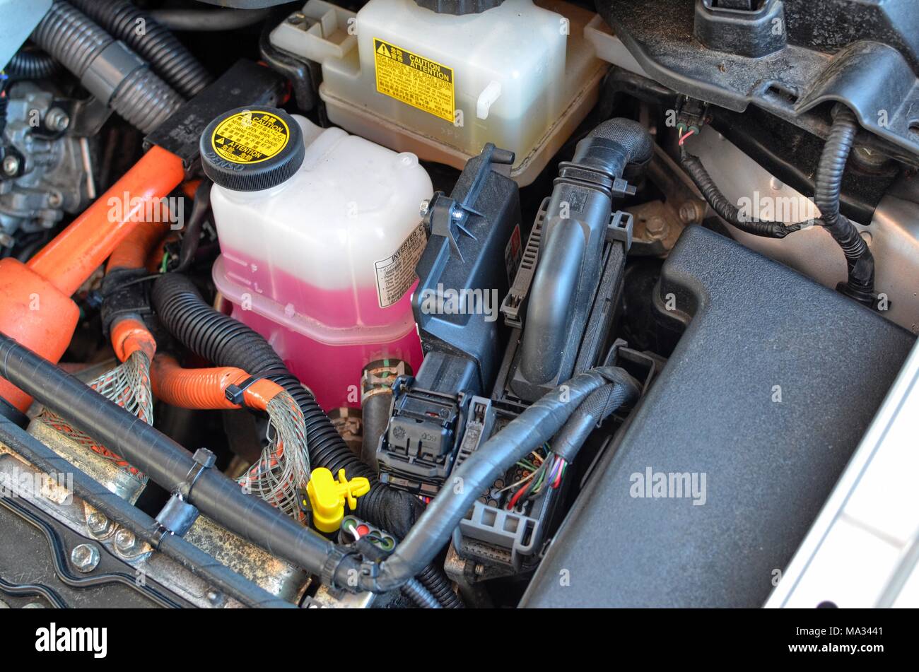 May 20, 2016 Turin, Piedmont, Italy. Transformation to LPG gas of a toyota Prius hybrid electric petrol, gas plant of the Piedmontese BRC gas equipmen Stock Photo