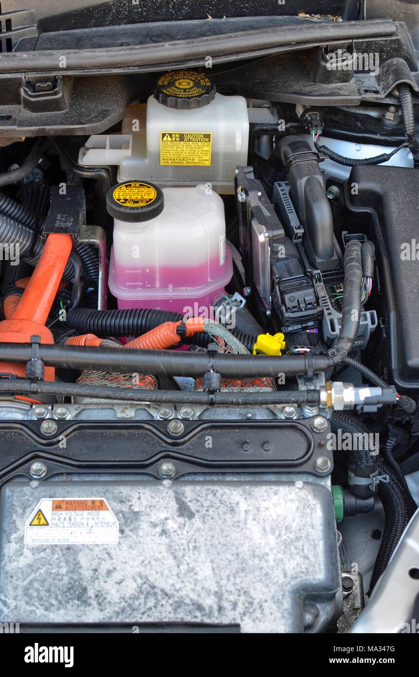 May 20, 2016 Turin, Piedmont, Italy. Transformation to LPG gas of a toyota Prius hybrid electric petrol, gas plant of the Piedmontese BRC gas equipmen Stock Photo