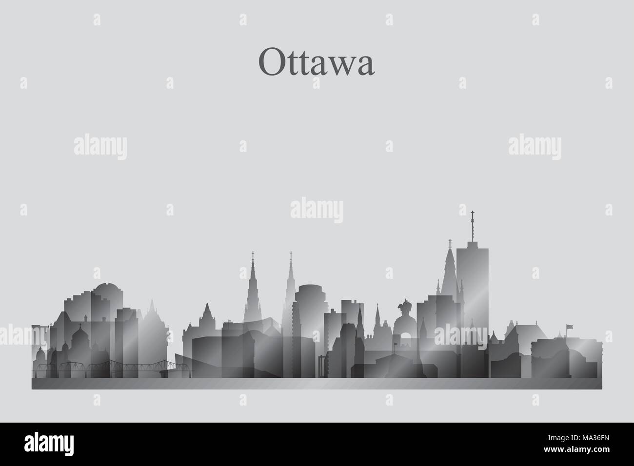 Ottawa city skyline silhouette in grayscale vector illustration Stock Vector