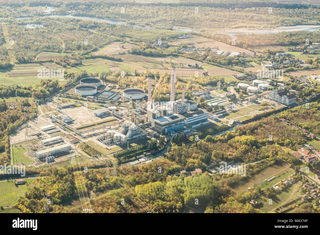 Aerial View of Power Station in Italy. Factory in Industry Zone. Stock Photo