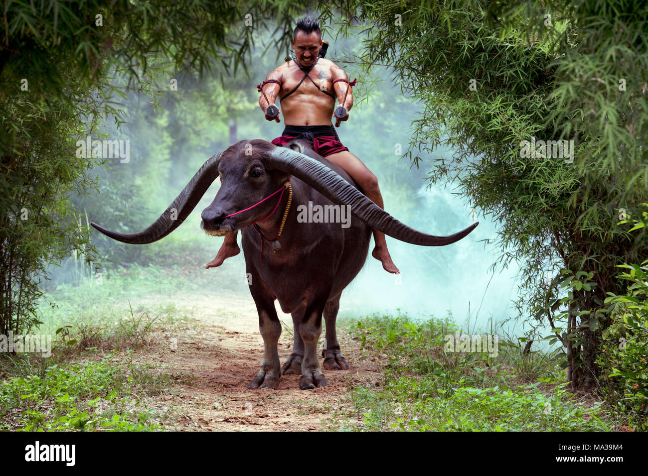 Thailand warlord portrait ridding the buffalo Stock Photo