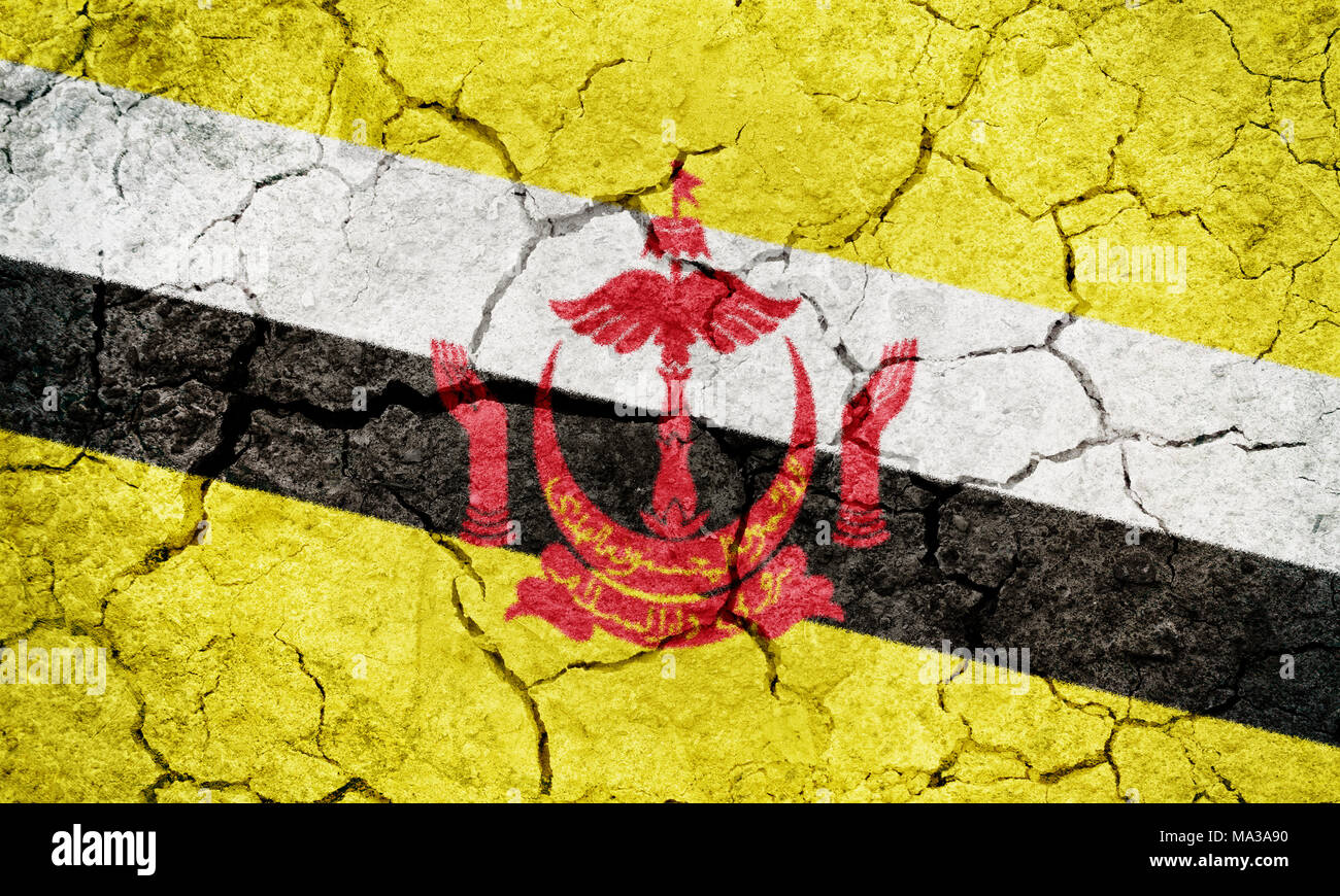Nation of Brunei, the Abode of Peace flag on dry earth ground texture background Stock Photo