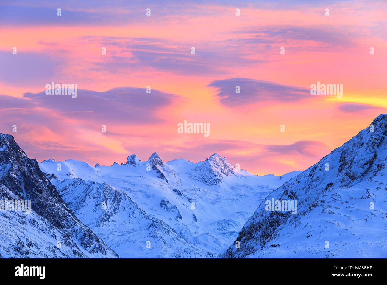 Sunset above Val Roseg glacier. Val Roseg, Engadine, Graubünden, Switzerland. Stock Photo