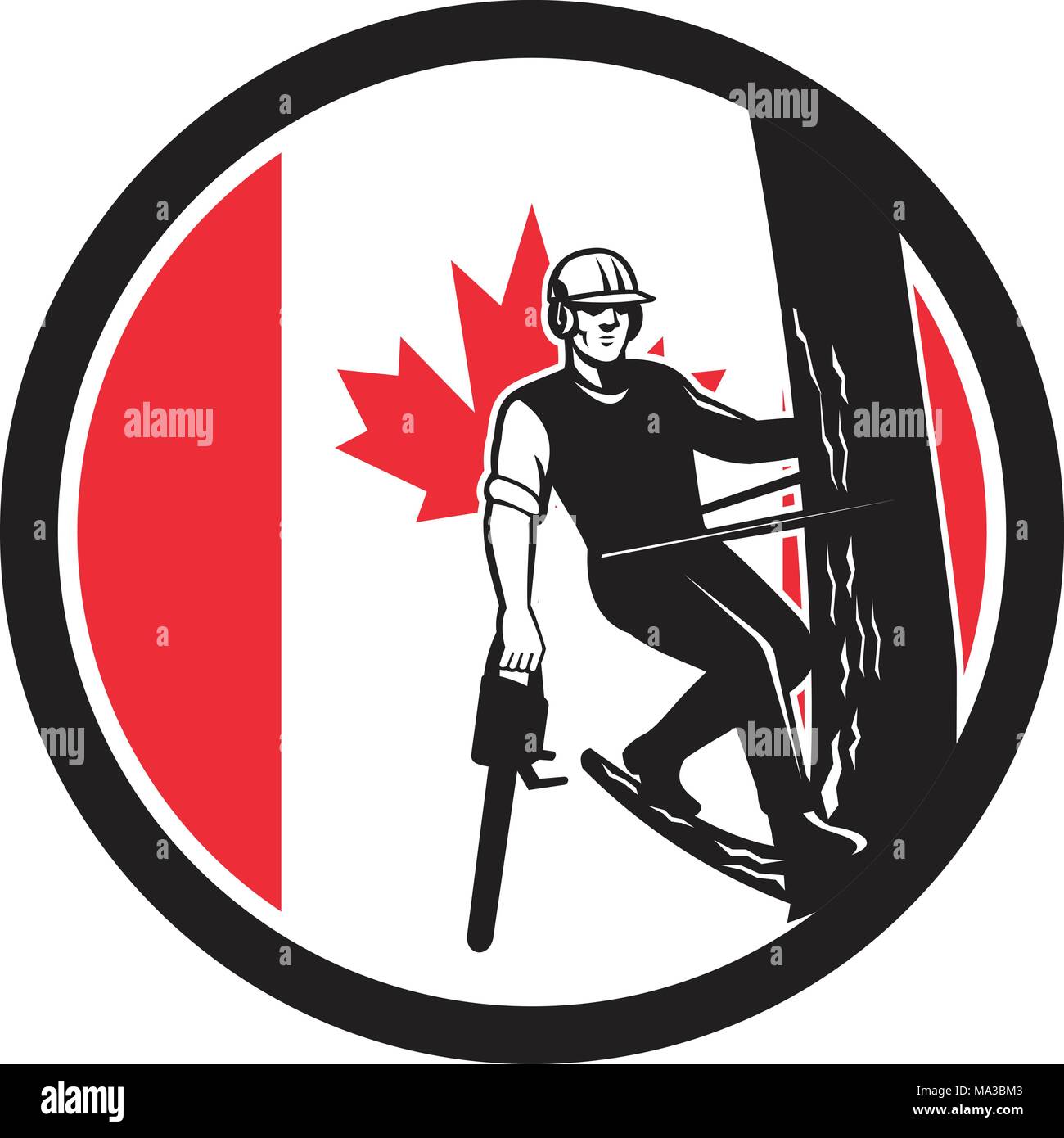 Icon retro style illustration of a Canadian tree surgeon, arborist, tree surgeon, or arboriculturist, a professional of arboriculture holding chainsaw Stock Vector