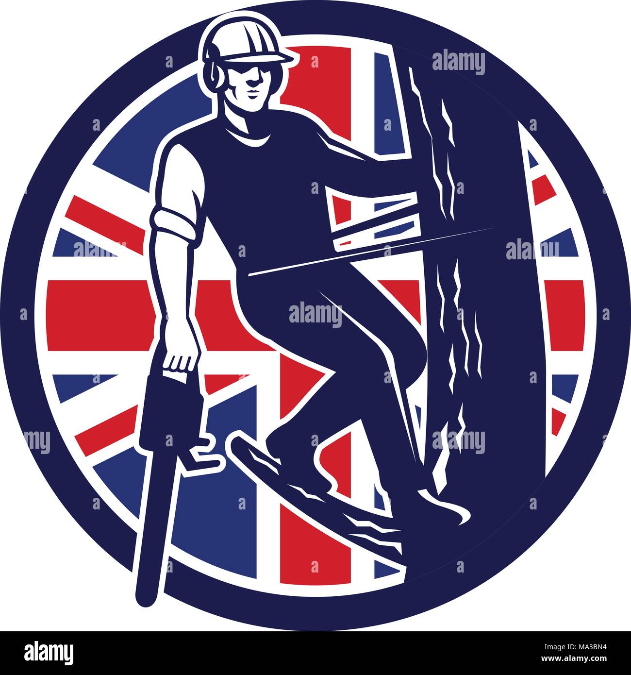 Icon retro style illustration of a British tree surgeon, arborist, tree surgeon, arboriculturist, holding chainsaw up tree branch with United Kingdom  Stock Vector