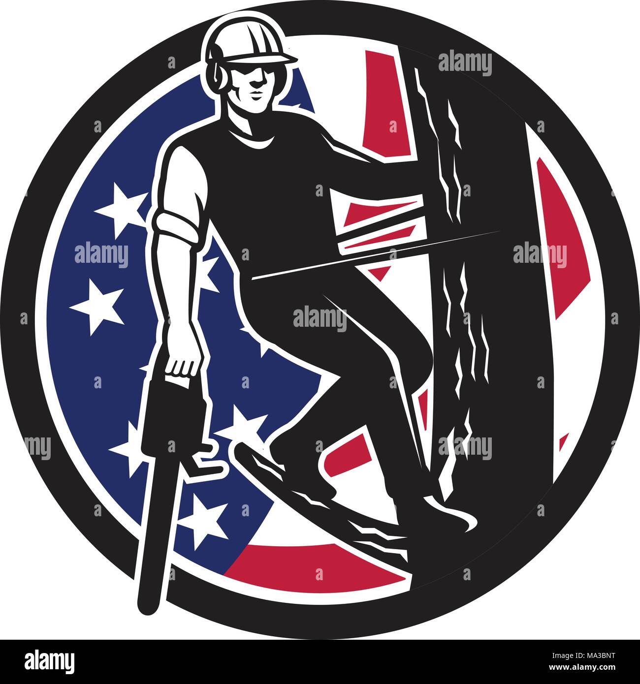 Icon retro style illustration of American tree surgeon, arborist, tree surgeon, arboriculturist, holding chainsaw United States of America USA star sp Stock Vector