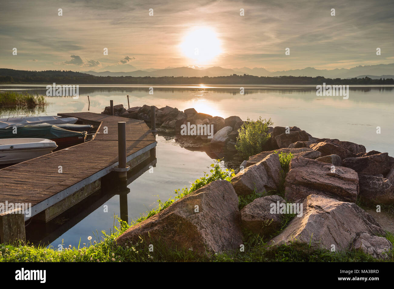 Sunset on lake front of lake Varese from Cazzago Brabbia, Varese province, Lombardy, Italy, Europe Stock Photo