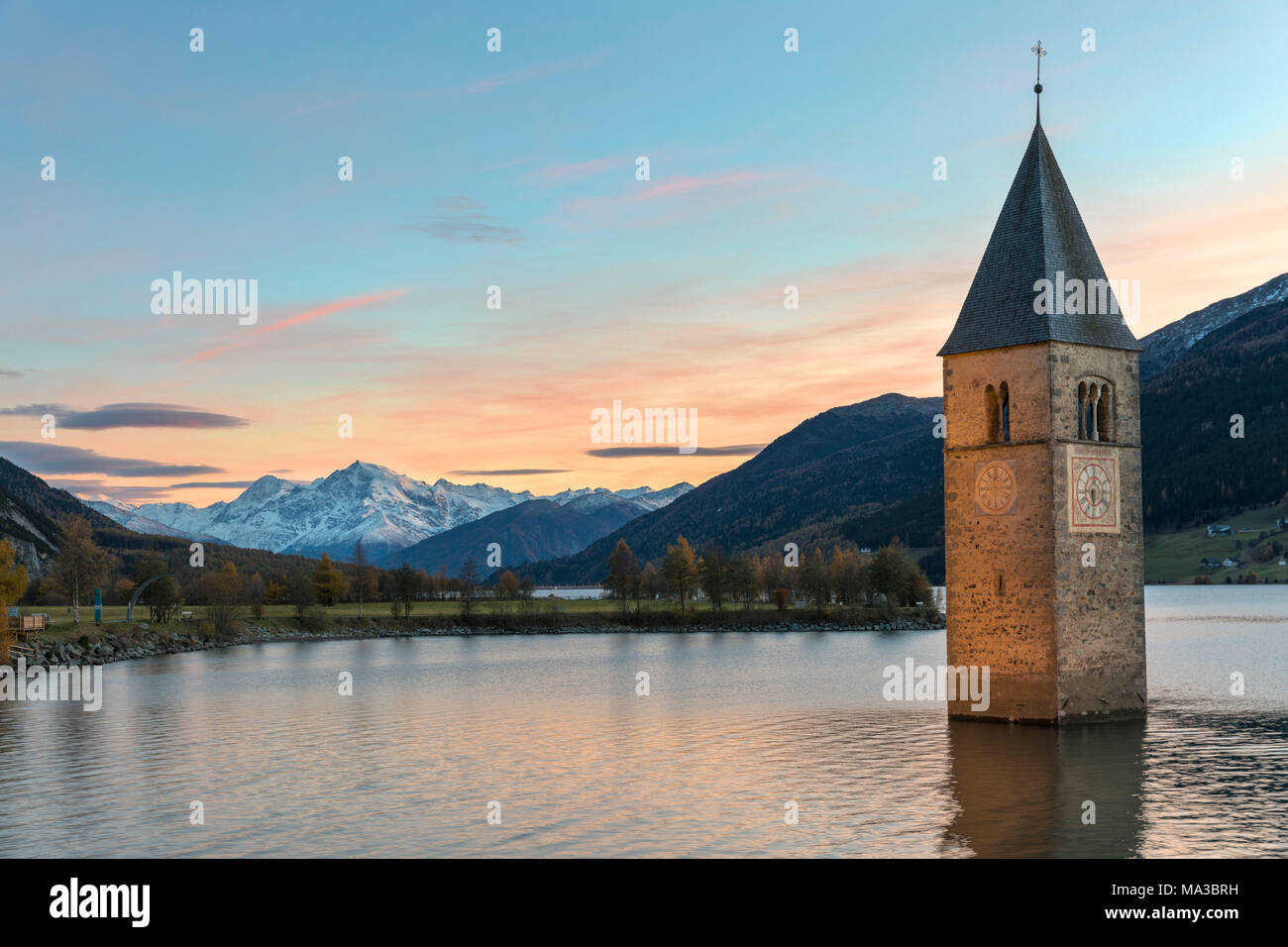 The submerged bell tower of Curon Venosta, province of Bolzano, Alto Adige district, Italy Stock Photo