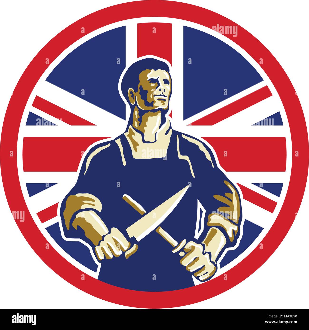 Icon retro style illustration of a British butcher sharpening knife viewed from front with United Kingdom UK, Great Britain Union Jack flag set inside Stock Vector