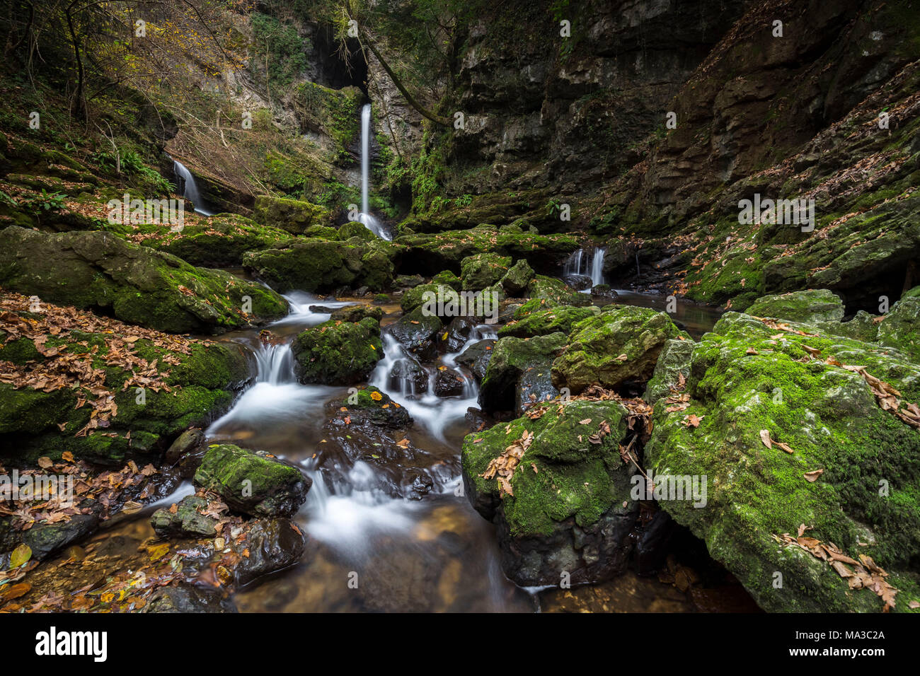 The upper Ferrera waterfalls in an autumn, Ferrera di Varese, Varese district, Lombardy, Italy. Stock Photo