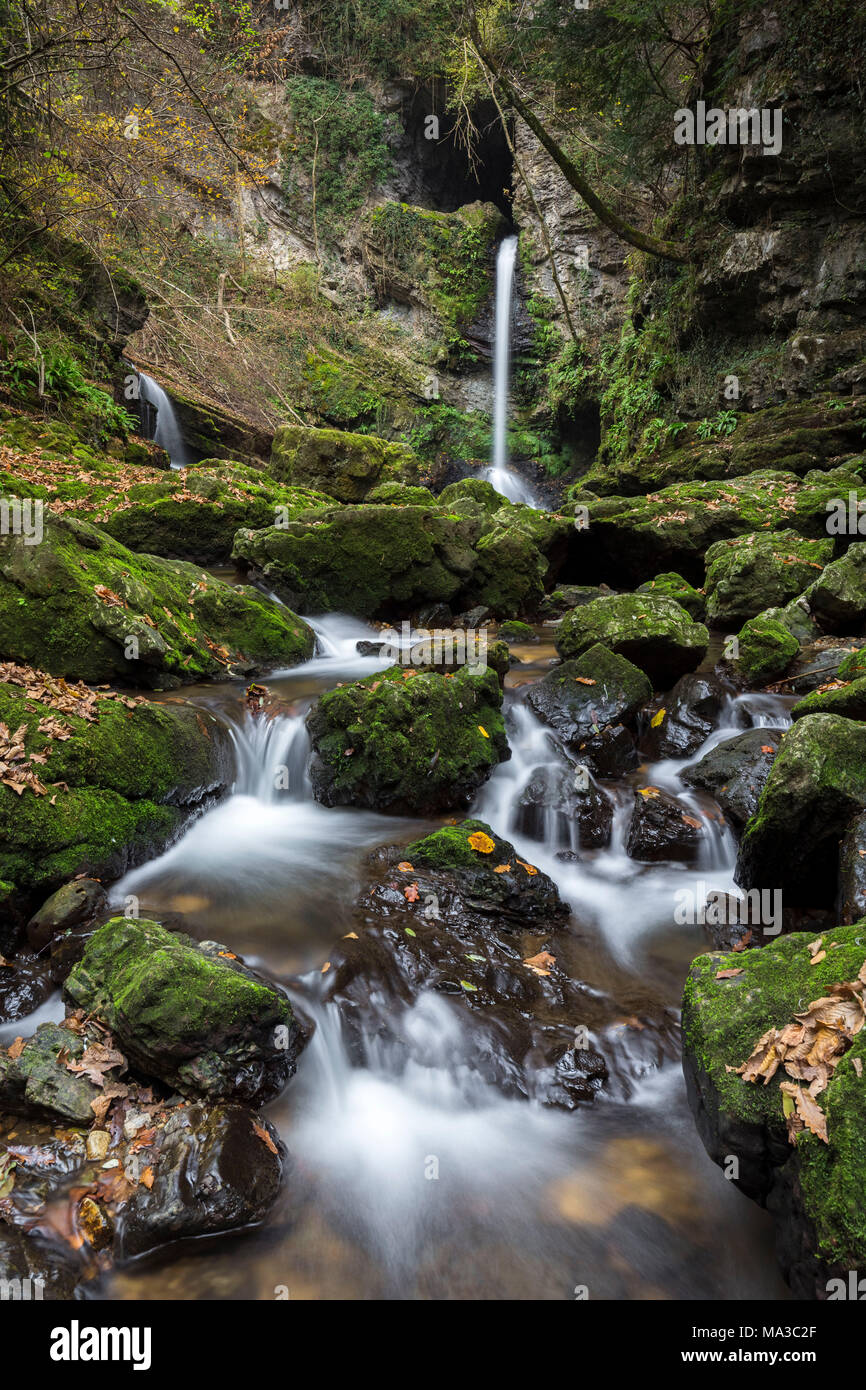 The upper Ferrera waterfalls in an autumn, Ferrera di Varese, Varese district, Lombardy, Italy. Stock Photo