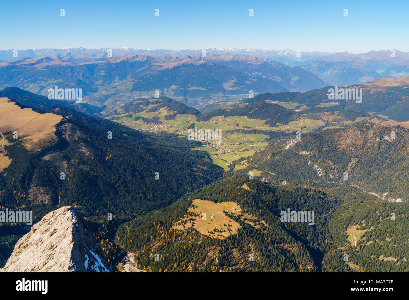 Panoramic view of Val di Funes from the top of Sass Rigais. Odel group, Trentino Alto Adige, Italy Stock Photo