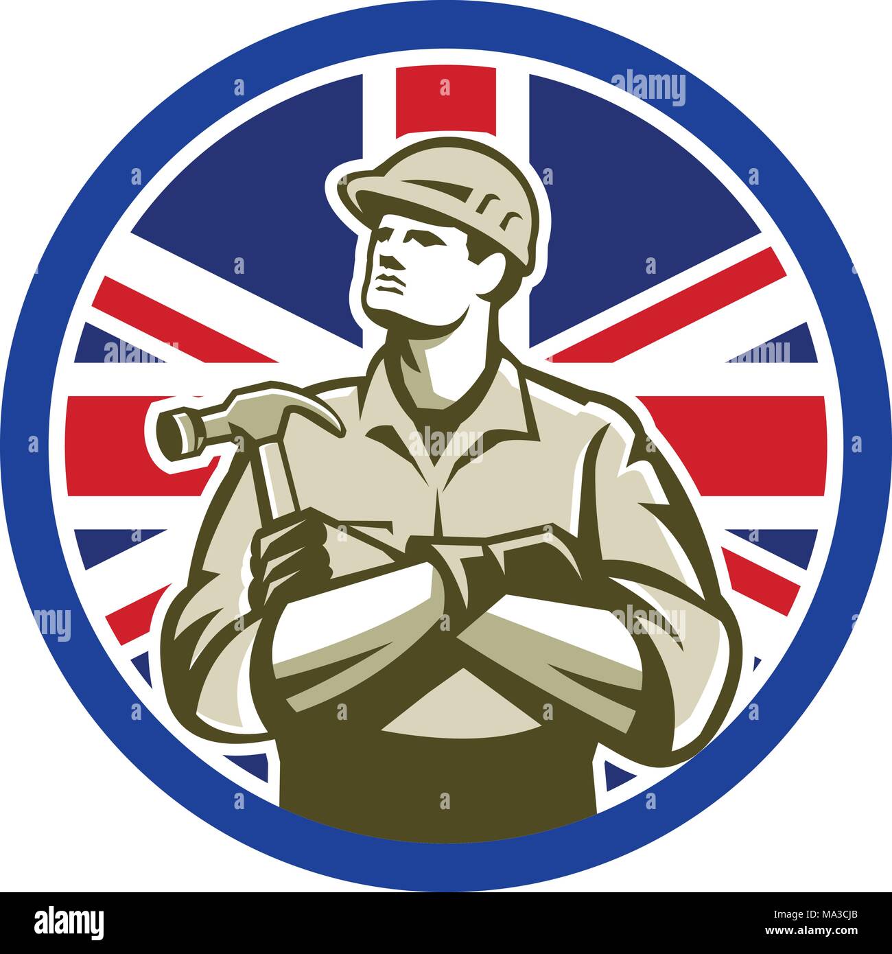 Icon retro style illustration of British builder, carpenter or construction worker with hammer arms crossed with United Kingdom UK, Great Britain Unio Stock Vector