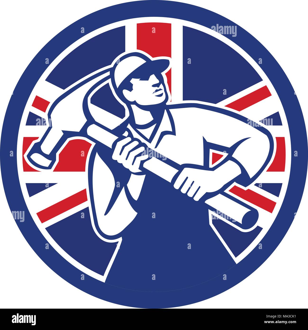 Icon retro style illustration of British handyman, carpenter, builder, joiner, construction worker holding hammer  with United Kingdom UK, Great Brita Stock Vector