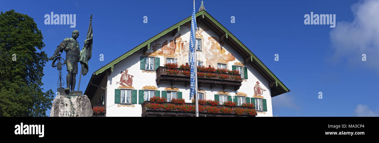 Smith of Kochel monument in front of the inn 'Zur Post', Kochel am See, Upper Bavaria, Bavaria, Germany, Stock Photo
