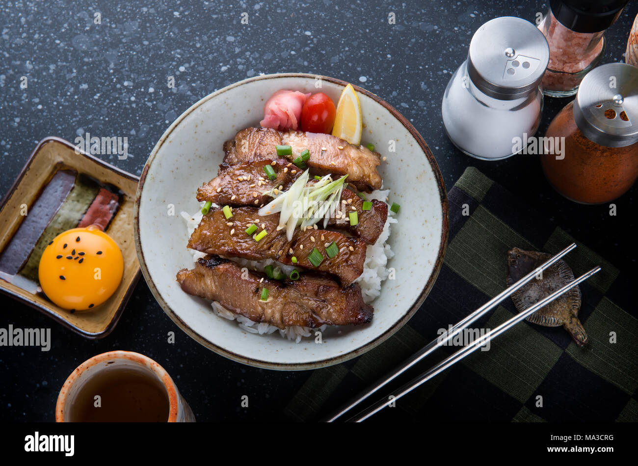 Pork grill on rice or Buta Yaki don in Japanese street food style Stock