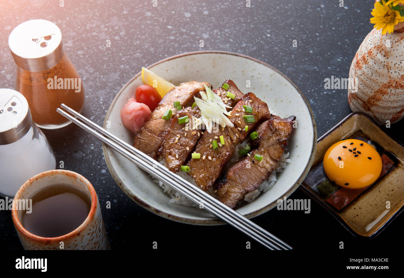 Pork grill on rice or Buta Yaki don in Japanese street food style Stock
