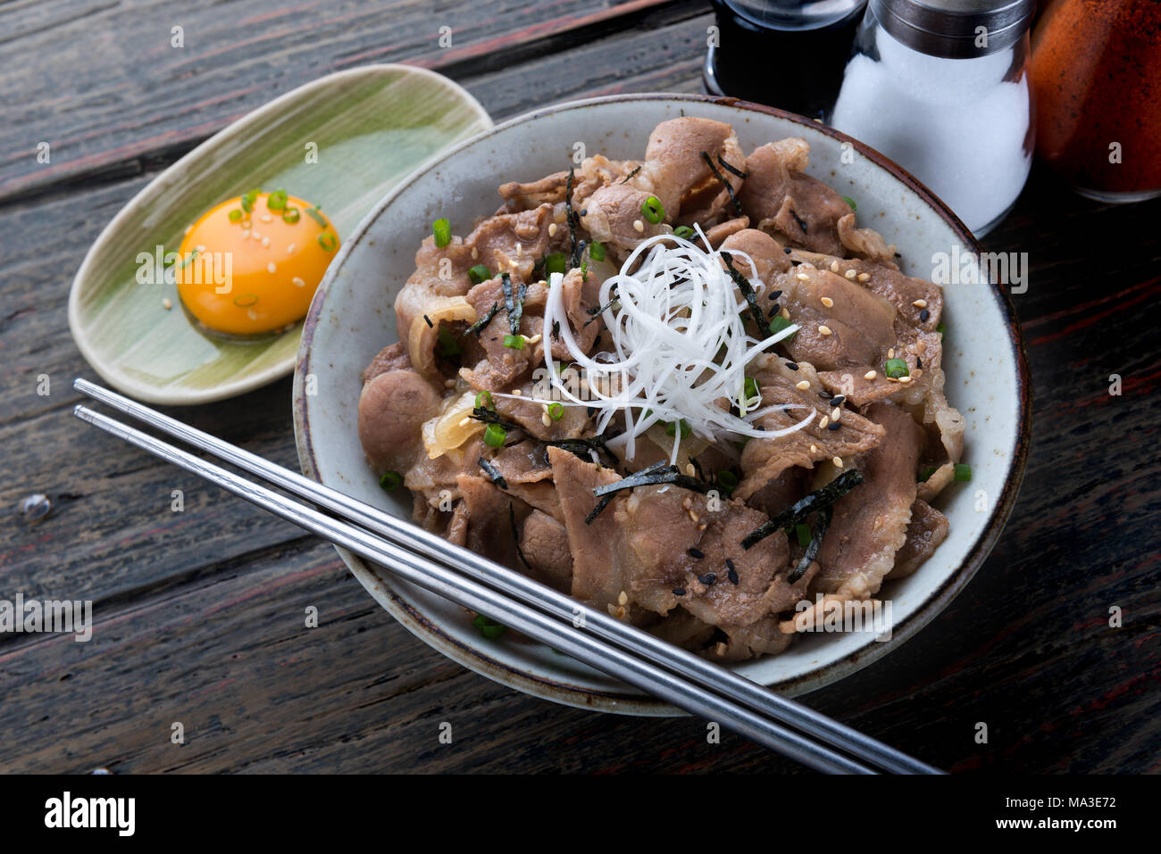 Japanese beef bowl in Japanese style food call gyudon ready for serve. Stock Photo