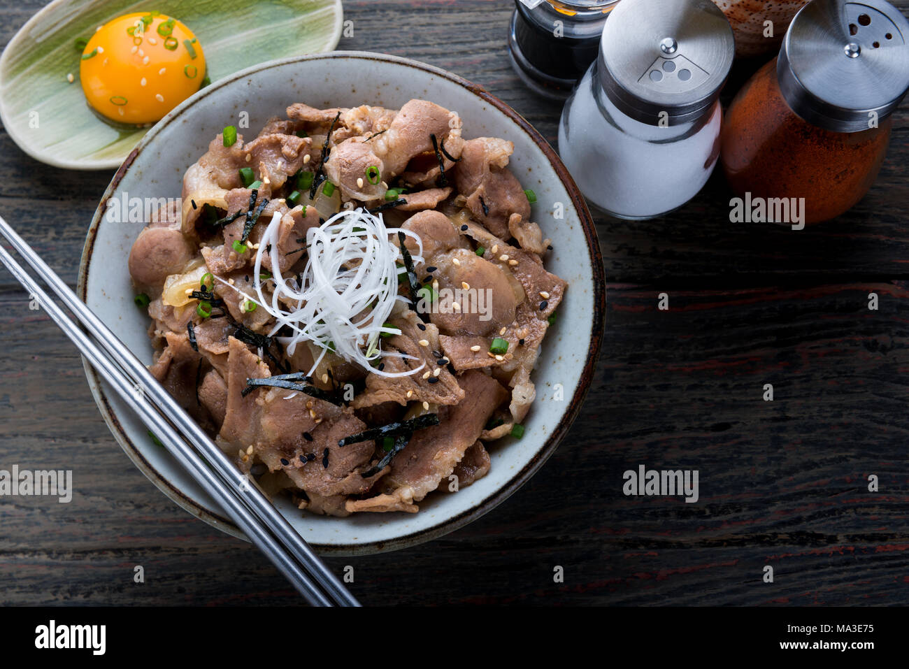 Japanese beef bowl in Japanese style food call gyudon ready for serve