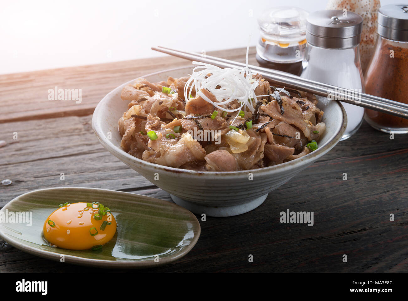 Japanese beef bowl in Japanese style food call gyudon ready for serve. Stock Photo