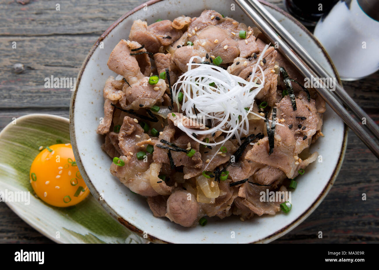 Japanese beef bowl in Japanese style food call gyudon ready for serve. Stock Photo