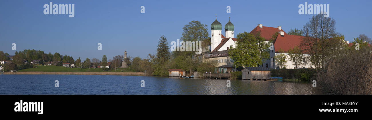 abbey of Seeon in the abbey lake, Chiemgau, Seeon-Seebruck, Upper Bavaria, Bavaria, South Germany, Germany, Stock Photo