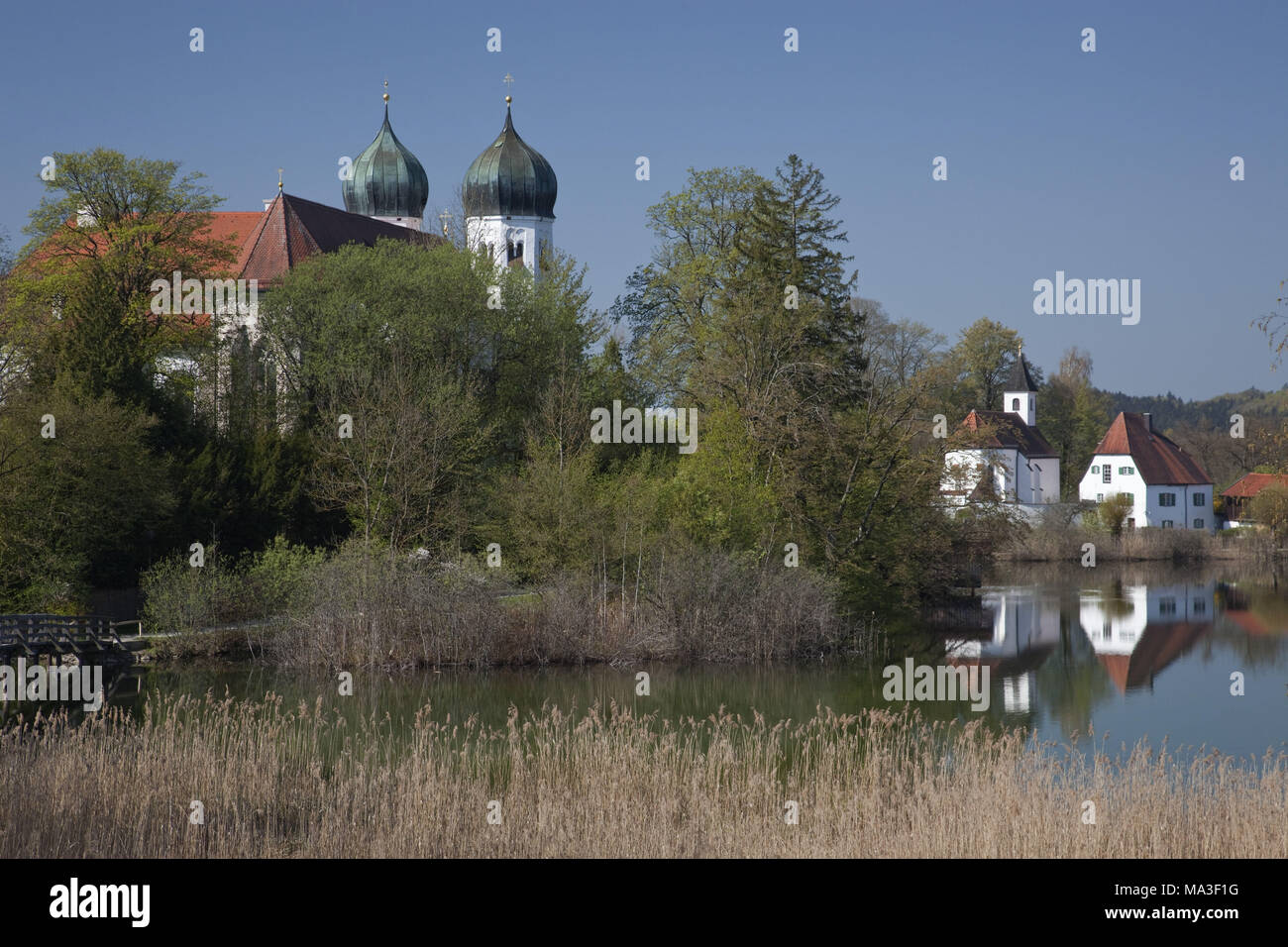 Abbey of Seeon in the abbey lake, Seeon-Seebruck, Chiemgau, Upper Bavaria, Bavaria, South Germany, Germany, Stock Photo
