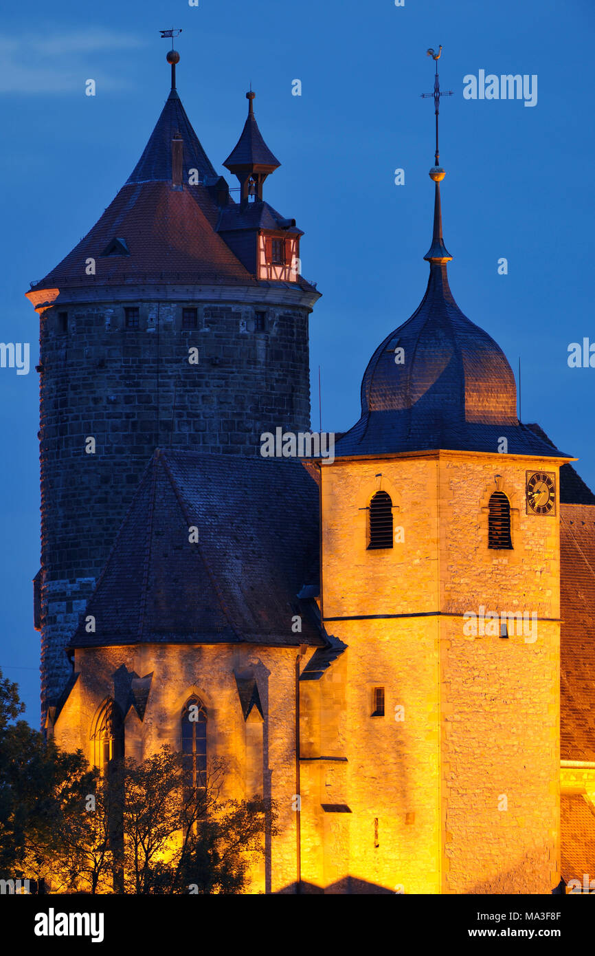 Tower of the town church of St Cyriakus with Schochenturm tower, Besigheim, Neckar Valley, Baden-Wurttemberg, Stock Photo