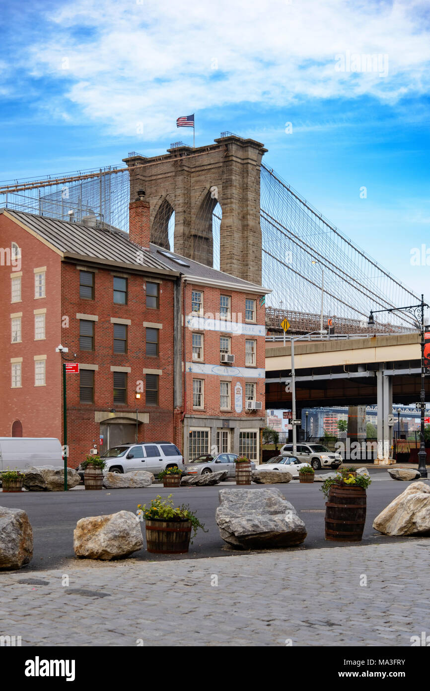 Brooklyn, USA - June 08, 2015: View of Brooklyn Bridge outside exterior outdoors in NYC New York City, Peck Slip, cars traffic. Stock Photo